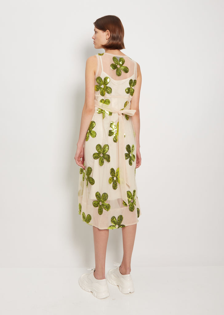 Sheer Top Slip Dress — Green/Nude