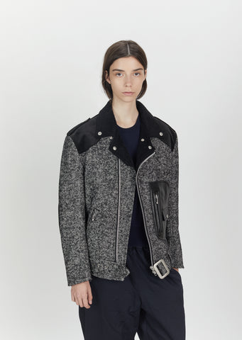 Wool Nylon Herringbone Cowhide Moto Jacket