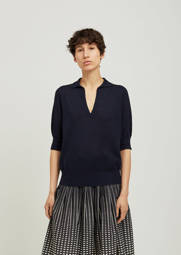 Pique Open Collar Silk Sweater