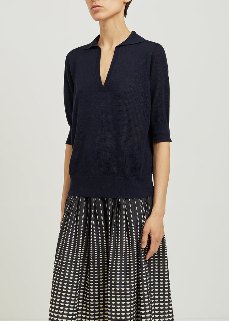 Pique Open Collar Silk Sweater