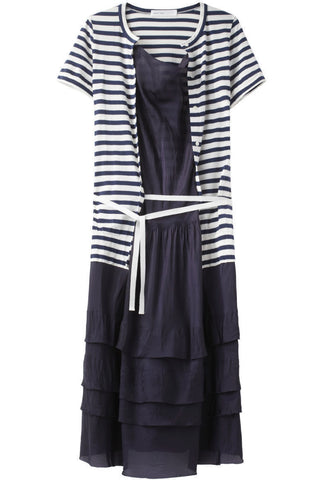 Ruffled Hem Dress with Stripe Cardigan