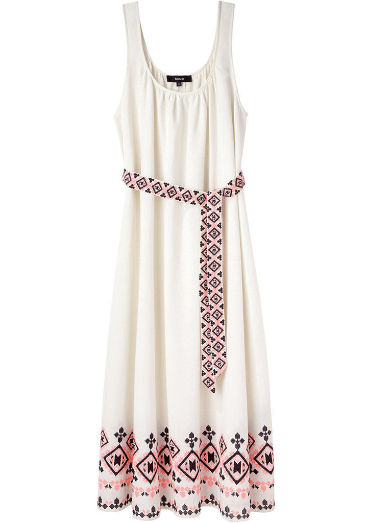 Embroidered Shirred Tank Dress