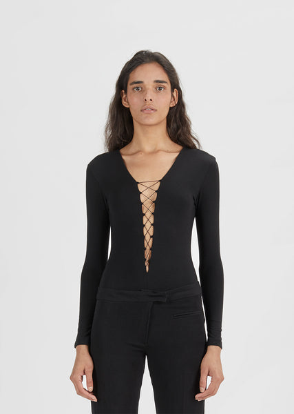 Stretch Jersey Lace-Up Bodysuit - X-Small / Black