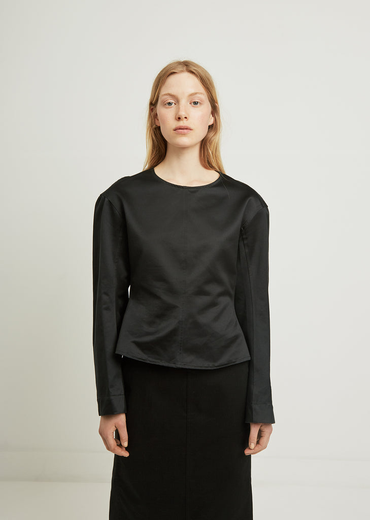 Cotton Satin Plastron Long Sleeve Top