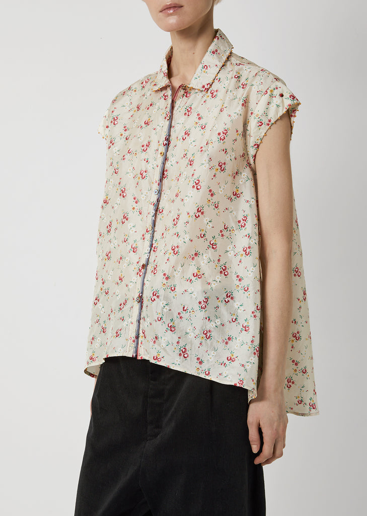Silk Floral Print Cap Sleeve Blouse