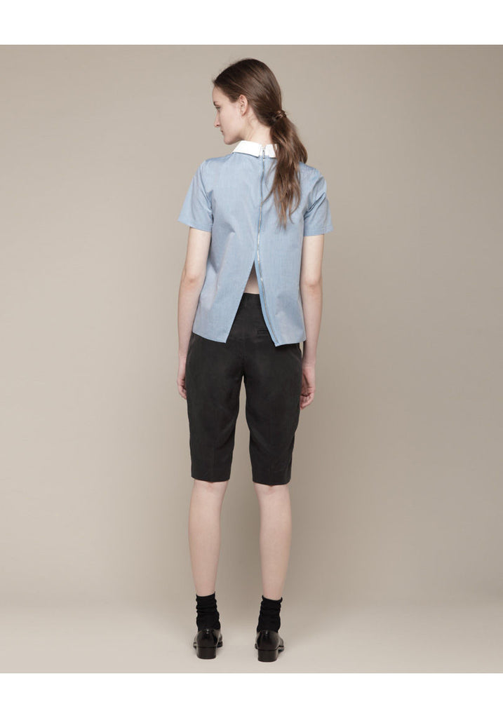 Zipper Back Blouse W/ Collar