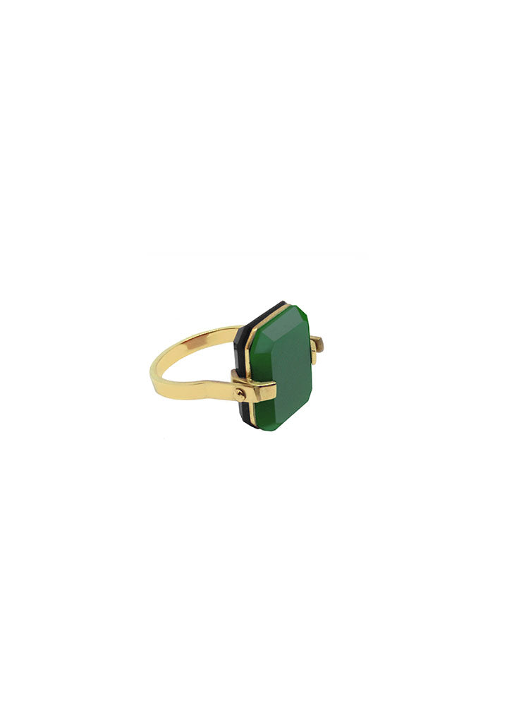 Sandwich Deco Ring — Gold Black & Green Agate
