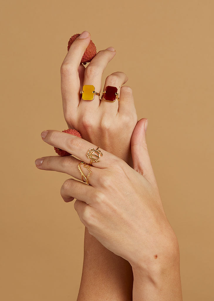 Sandwich Deco Ring — Gold Carnelian & Yellow Jade