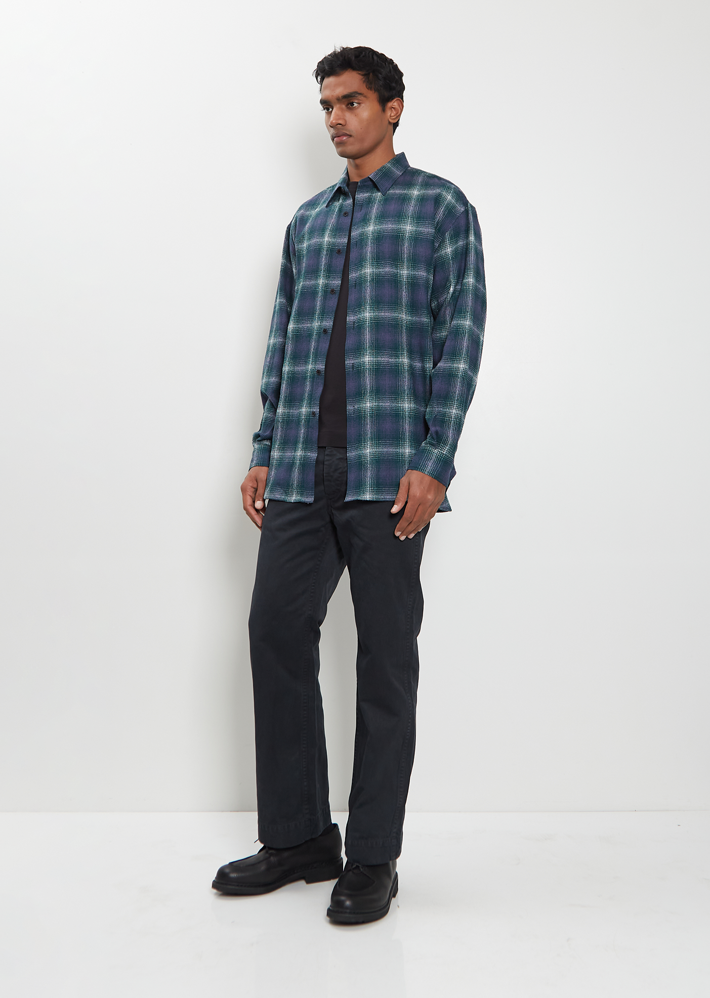 Airy Wool Check Shirt — Navy – La Garçonne Airy Wool Check Shirt — Navy – La Garçonne