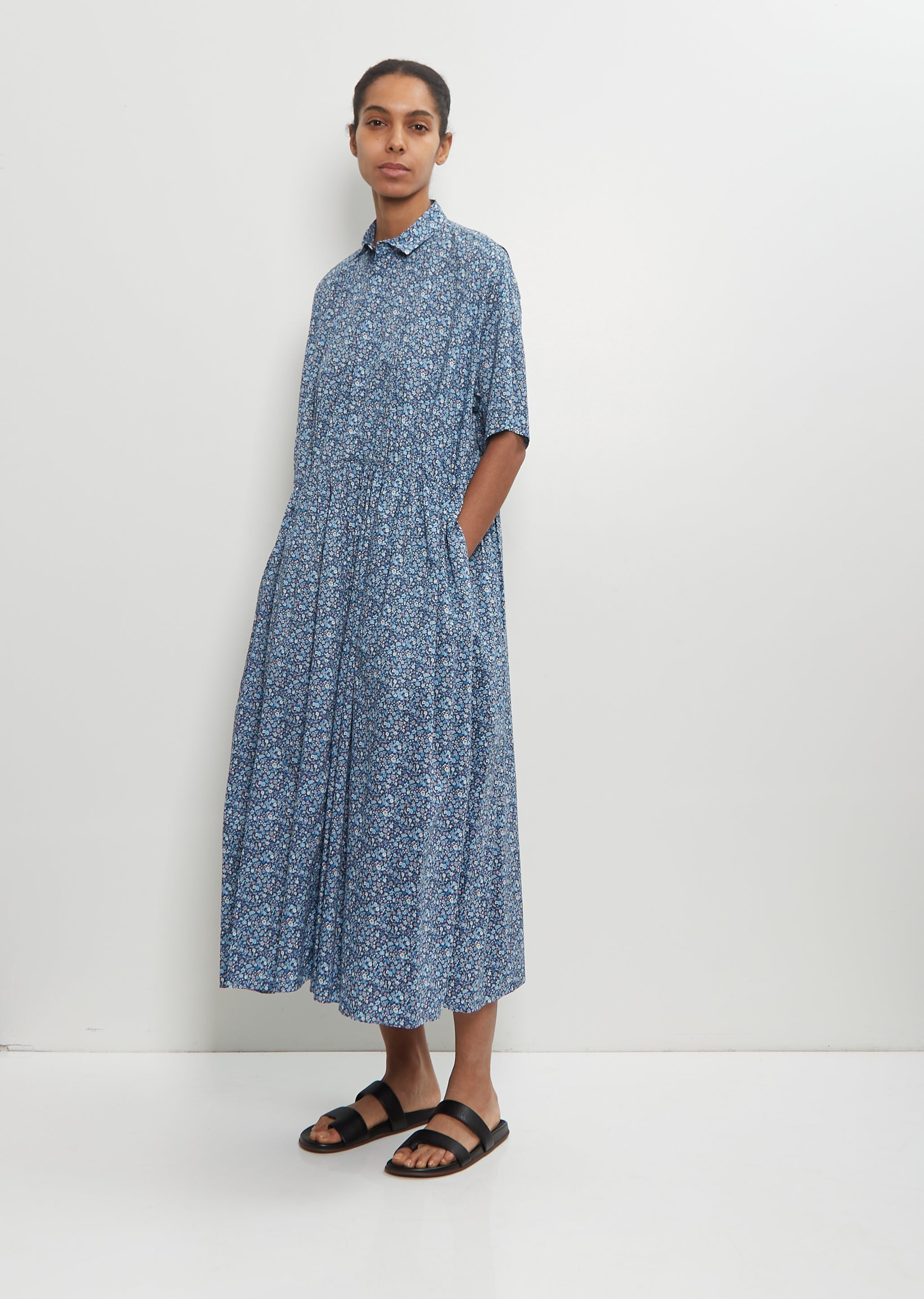 Cotton Classic Gathered Dress — Navy – La Garçonne