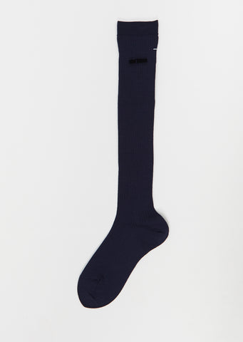 Ribbon Stretch Wool High Socks — Navy