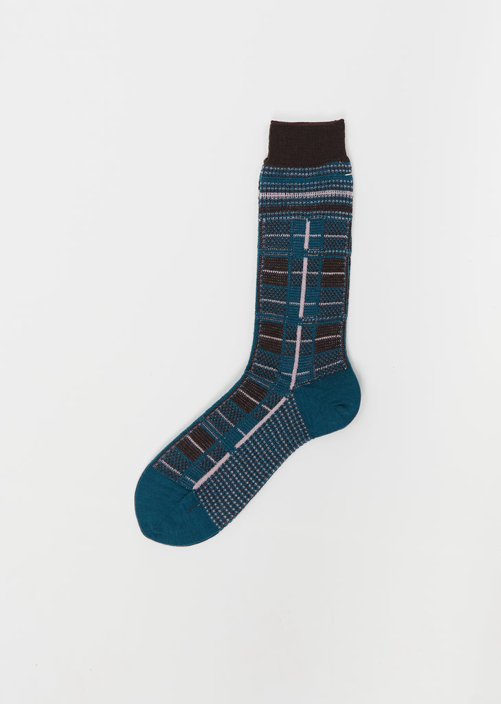 Tartan Check Stretch Wool Socks — Turquoise