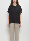 Linen Collarless Button Down Top — Black