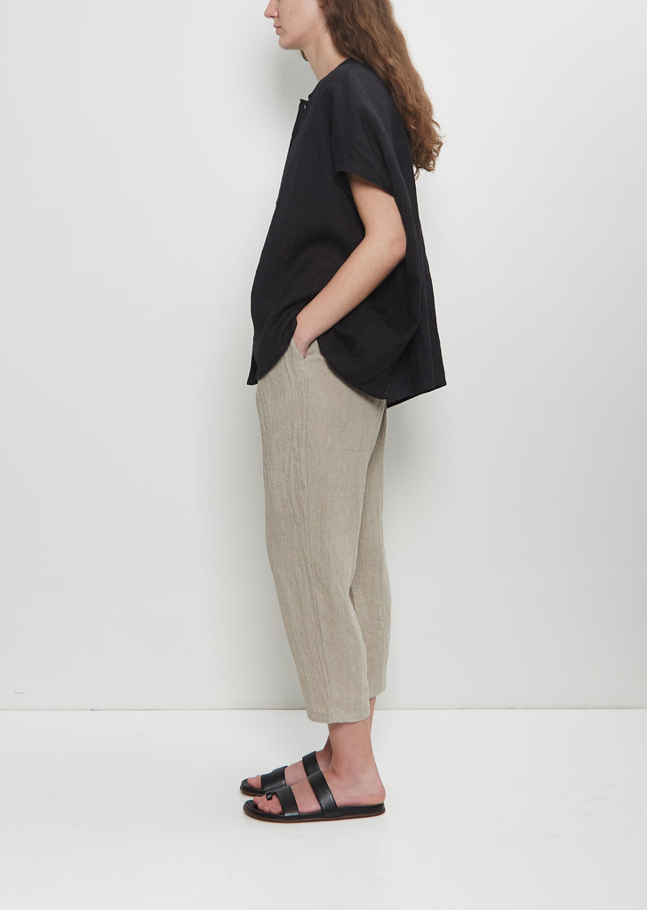 Linen Collarless Button Down Top — Black