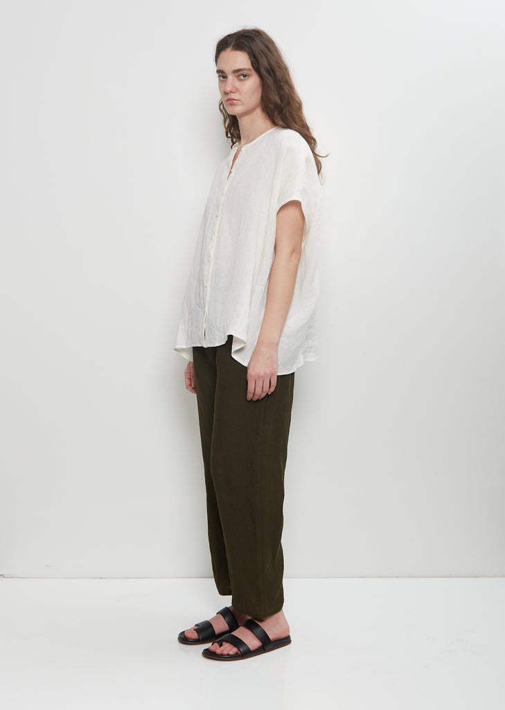 Linen Collarless Button Down Top — Milk