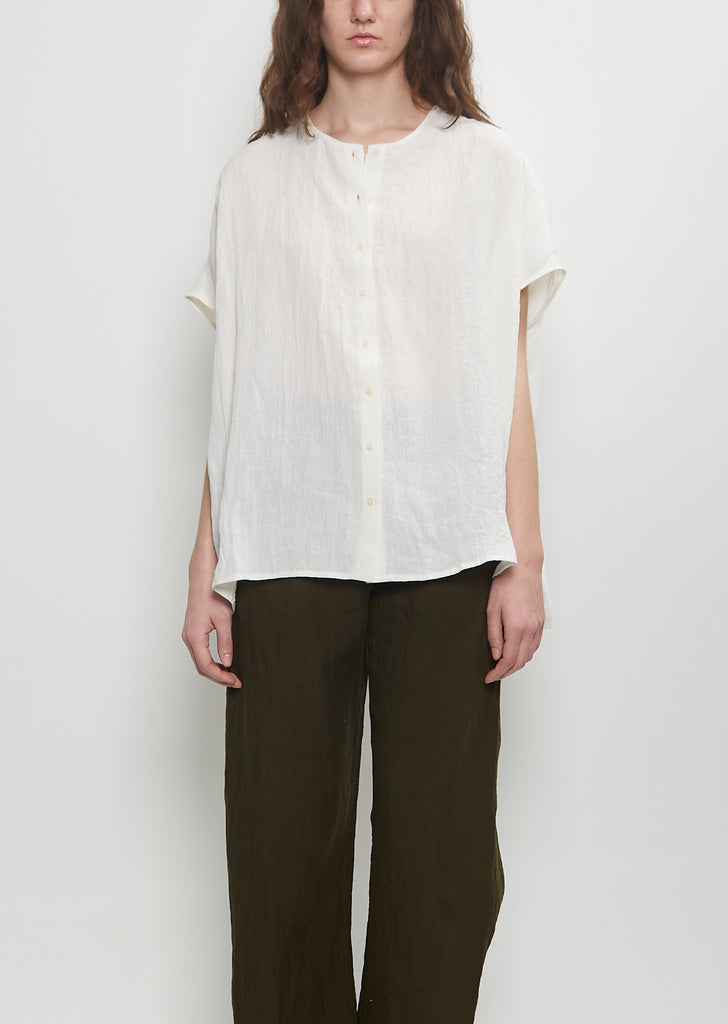 Linen Collarless Button Down Top — Milk