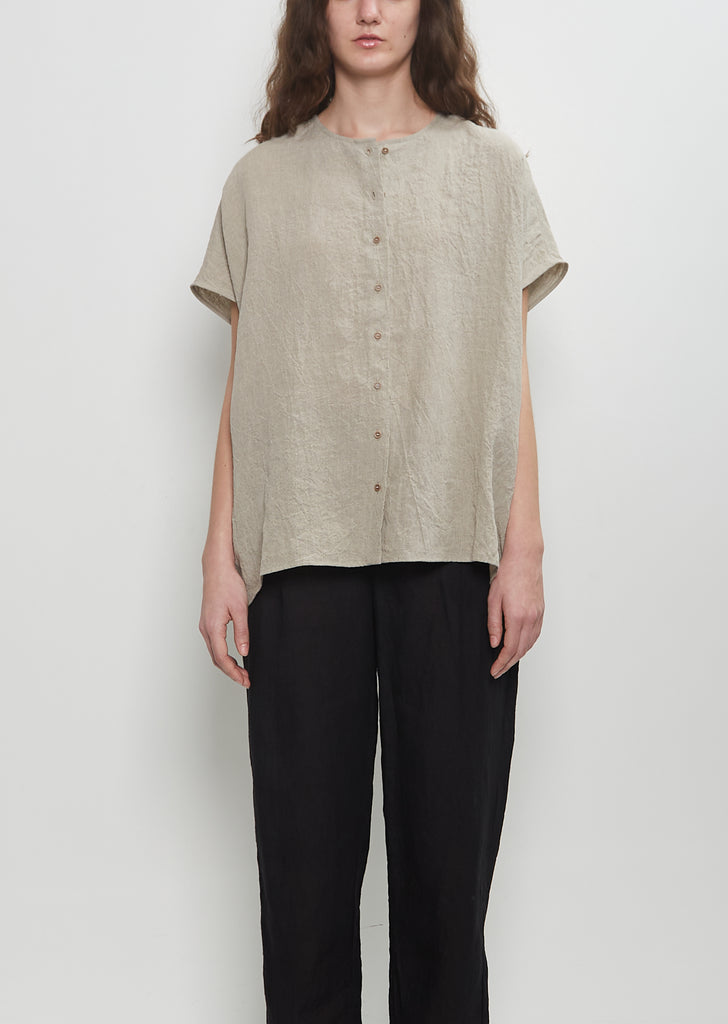 Linen Collarless Button Down Top — Ecru