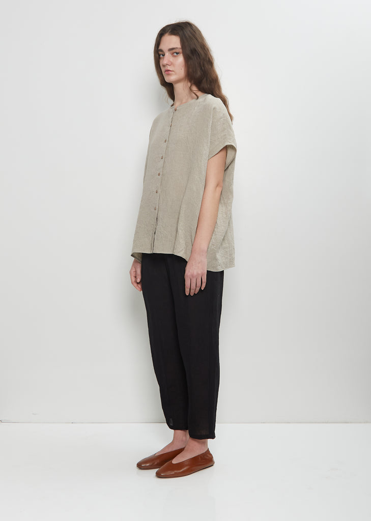 Linen Collarless Button Down Top — Ecru