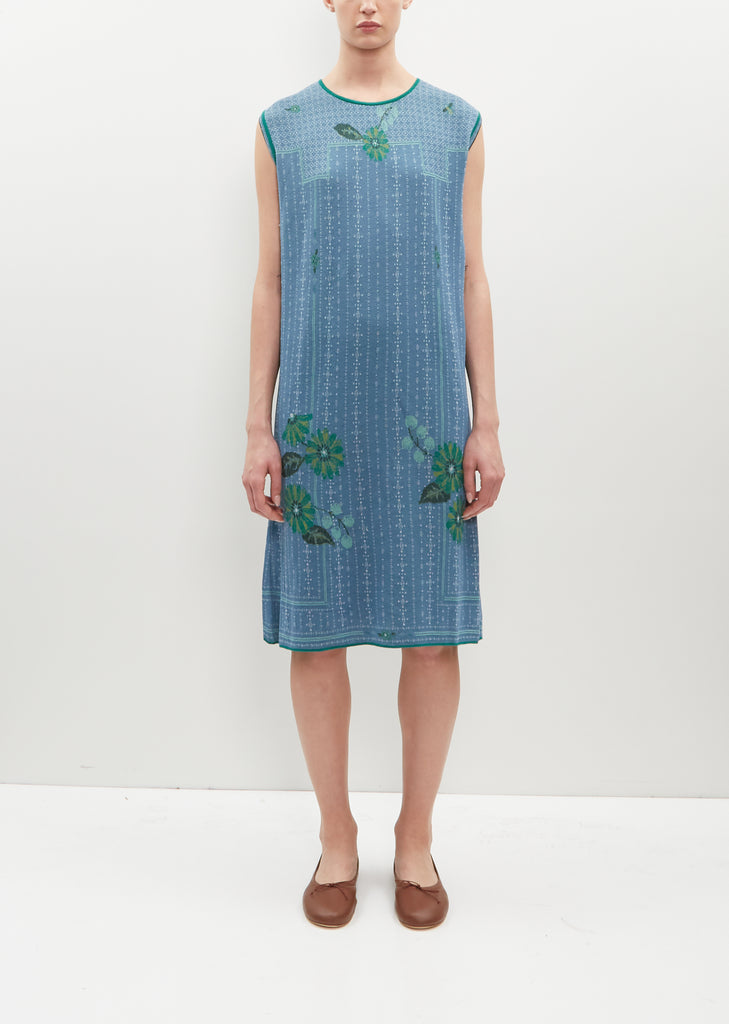 Flower Motif Knit Dress - Blue