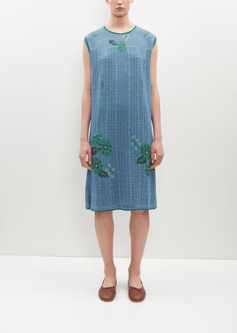 Flower Motif Knit Dress - Blue