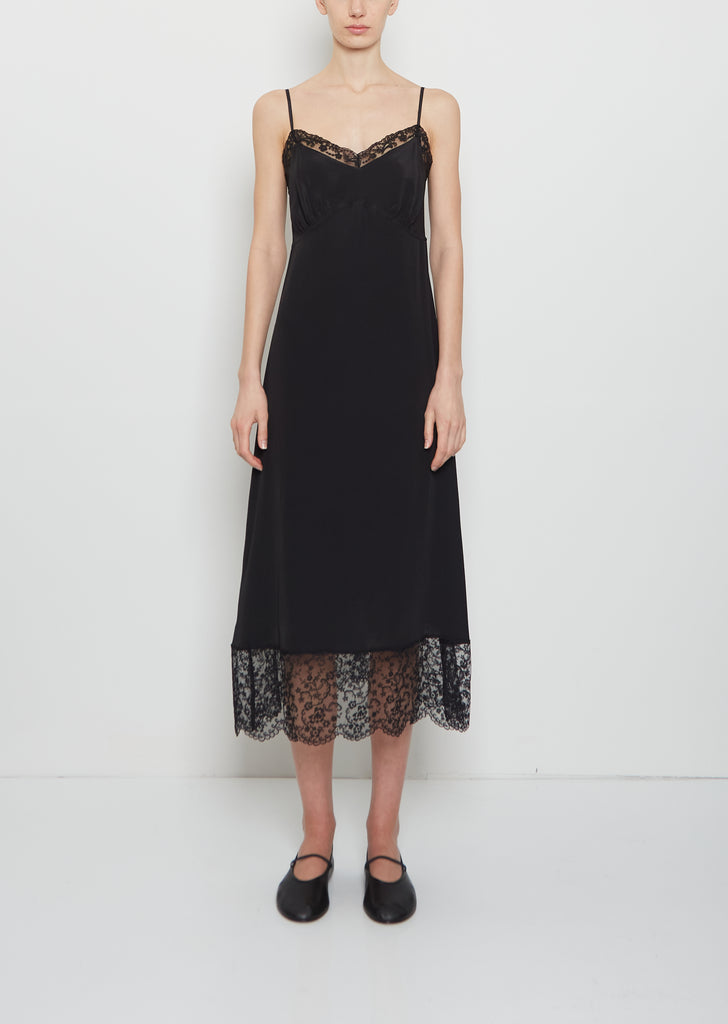 Silk Blend Lace Trim Slip Dress — Black