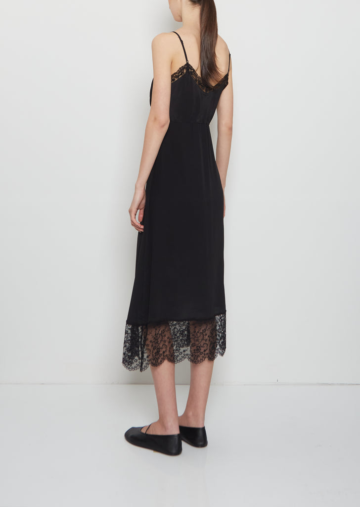 Silk Blend Lace Trim Slip Dress — Black