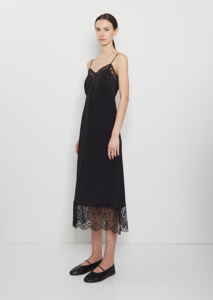 Silk Blend Lace Trim Slip Dress — Black