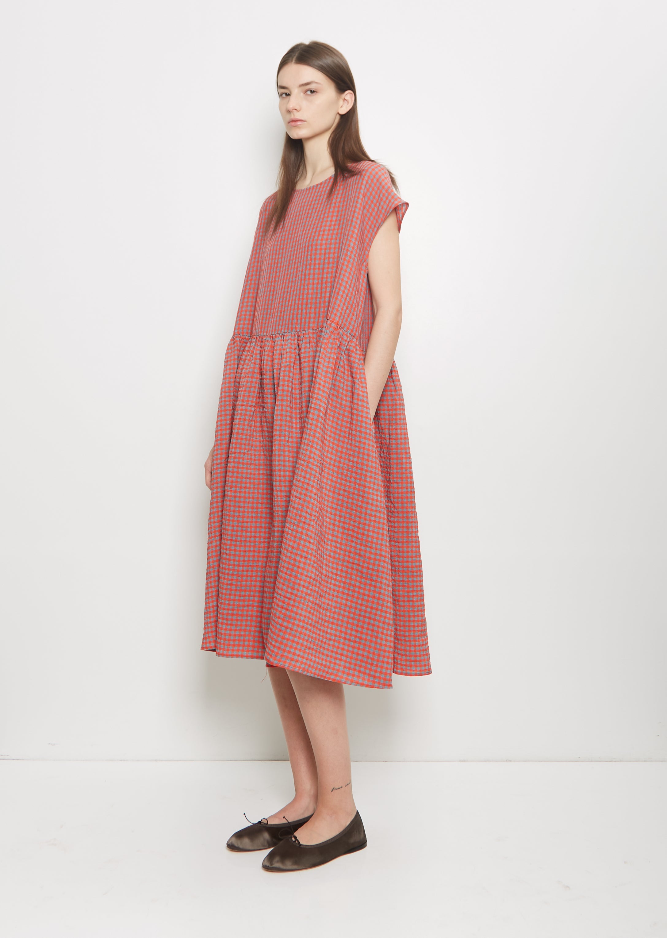 Linen Vichy Pleated Dress Sky Poppy La Garonne Linen Vichy Pleated Dress Sky Poppy La Garonne
