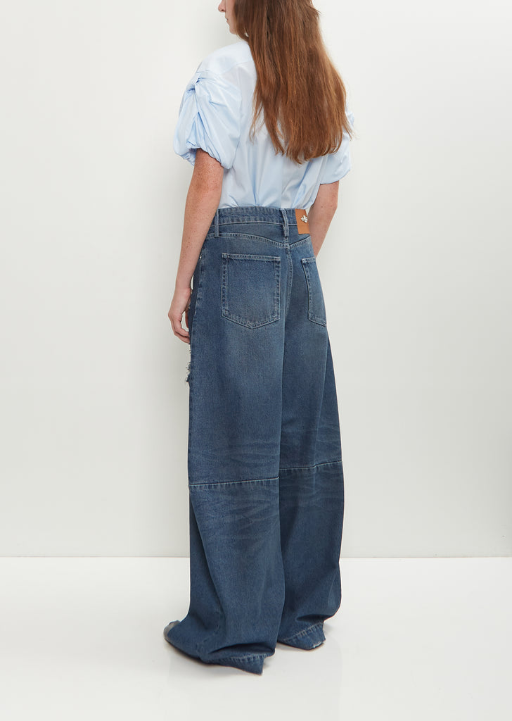 Distressed Wide Leg Puddle Jeans — Distressed Blue