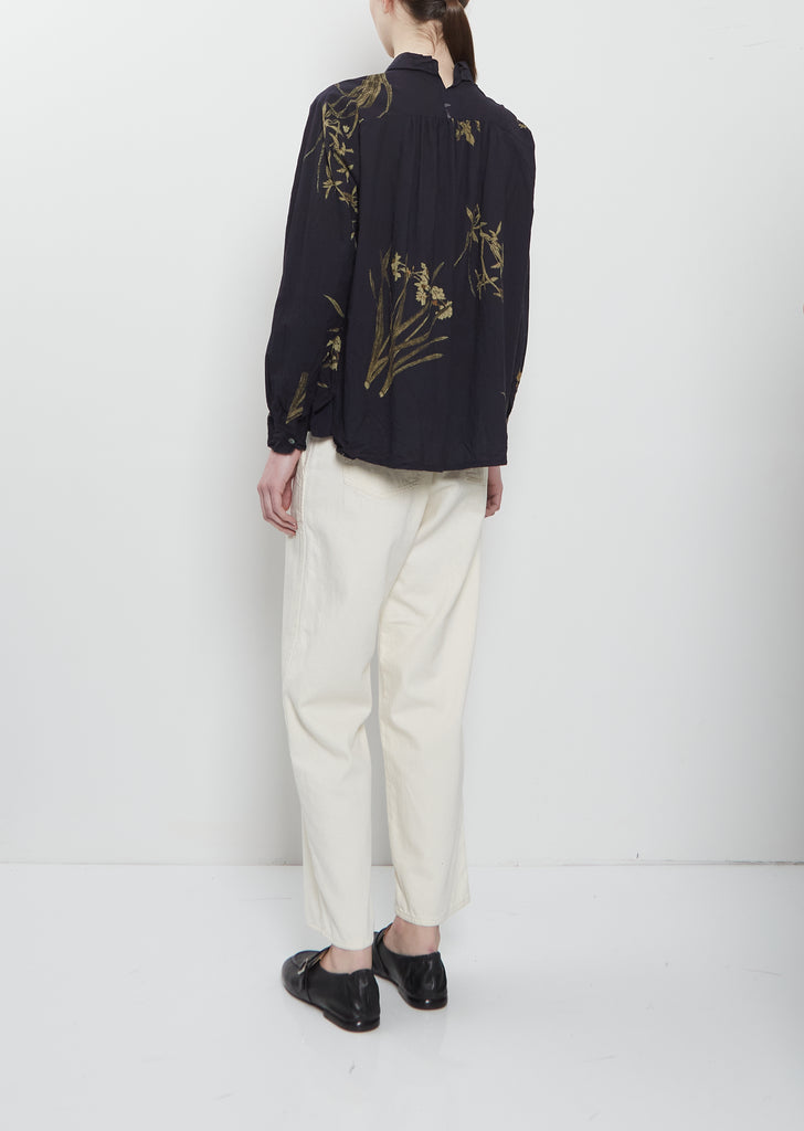 Japonism Flower Cotton Shirt — Navy