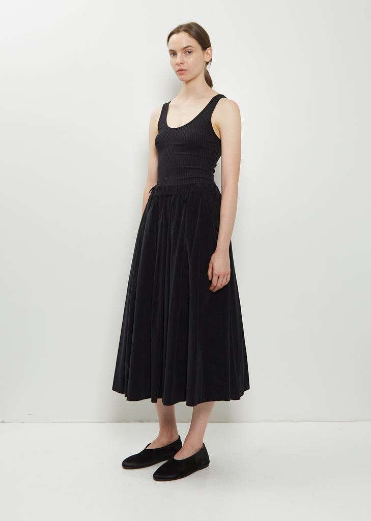 Pleated Stretch Cotton Long Skirt — Black