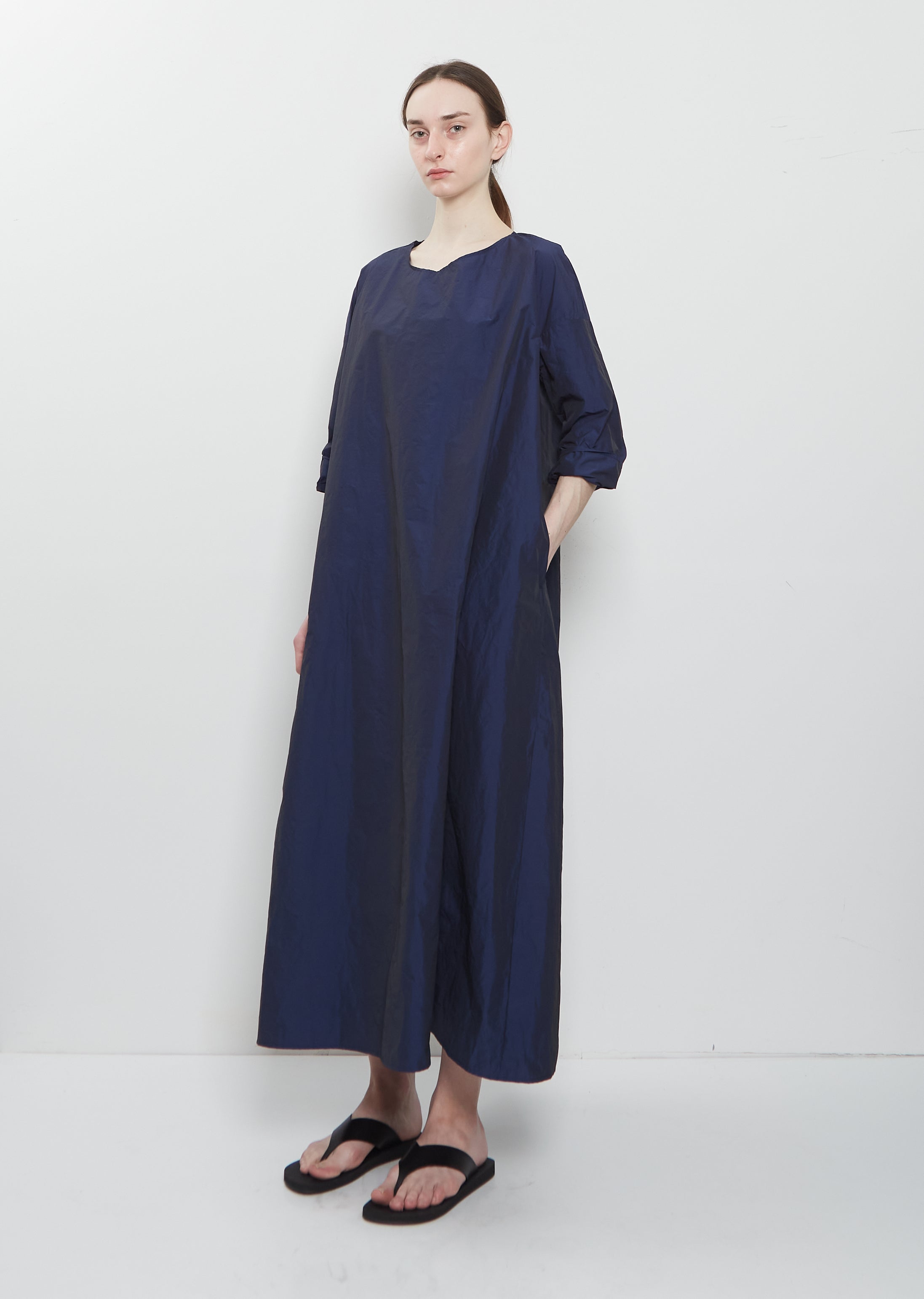 navy blue loose dress Navy Blue Linen Midi Dress with Loose Fit and Half Sleeves Navy Blue / XL