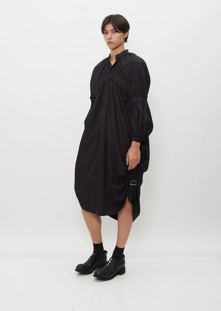 Gathered Cotton Shirt Dress — Black