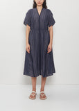 V-Neck Embroidery Cotton Ramie Dress — Navy
