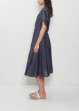 V-Neck Embroidery Cotton Ramie Dress — Navy