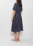 V-Neck Embroidery Cotton Ramie Dress — Navy