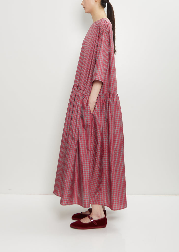 Silk Plaid Gathered Waist Dress