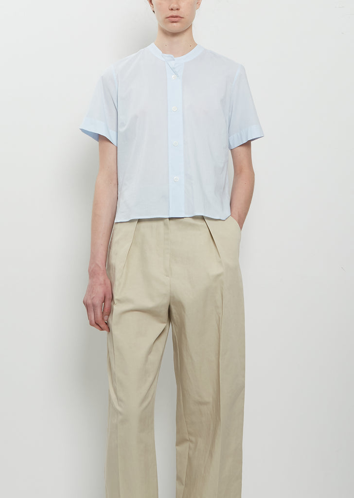 white collarless dress shirt Margaret Howell Short Sleeve Collarless Cotton Shirt Pale Blue Size: 8