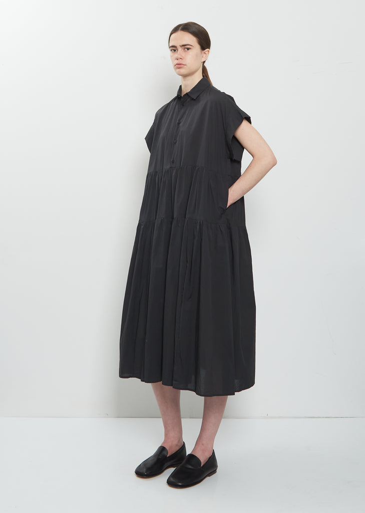 black tiered shirt dress Womens Elastic Waist Tiered Shirtdress Maxi with 3/4 Sleeves - Size L