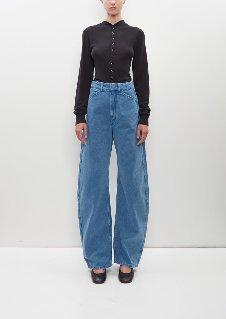 High Waisted Curved Pants — Denim Snow Blue