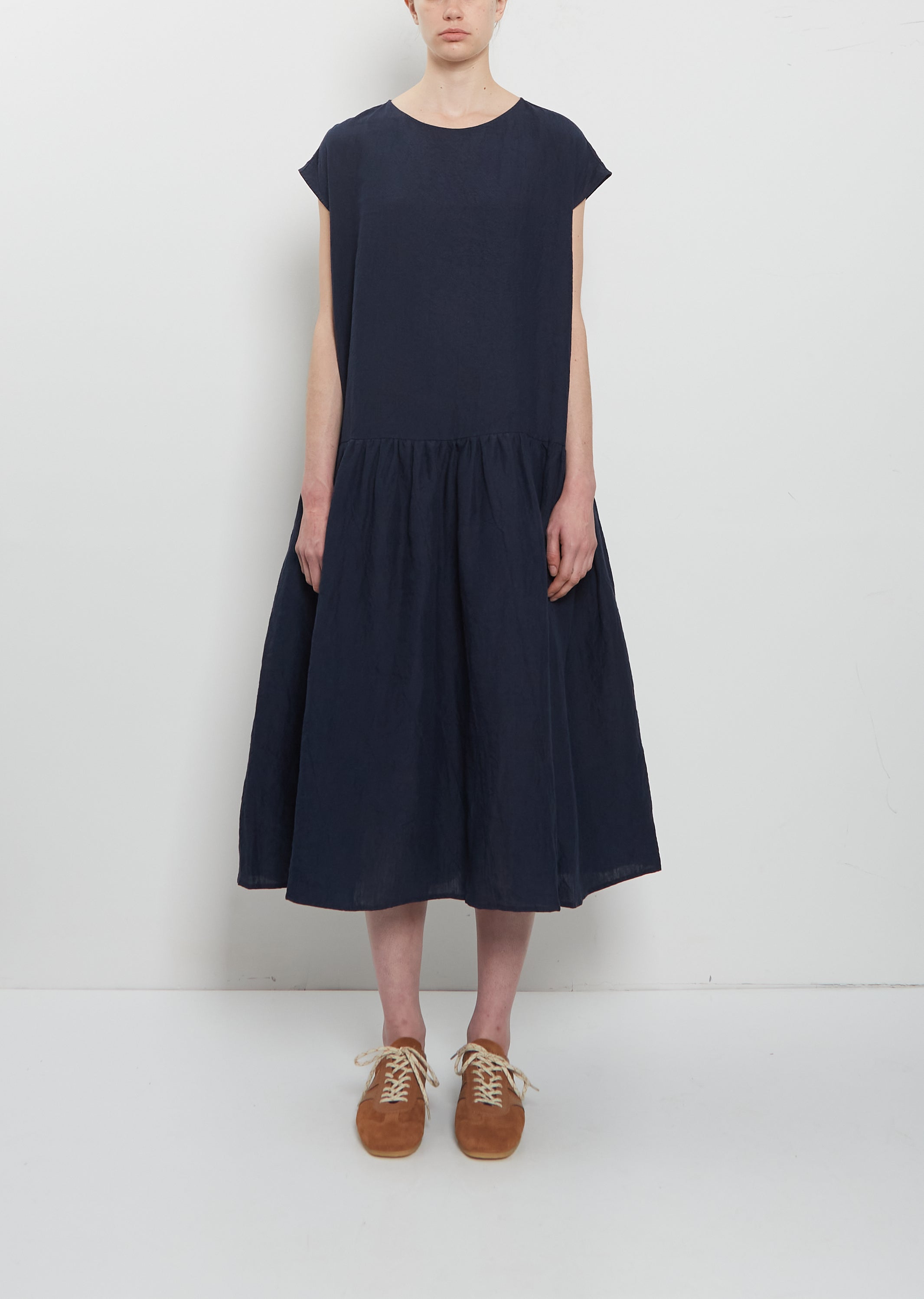 linen drop waist dress Linen Gathered Waist Dress — Abyss L / Abyss