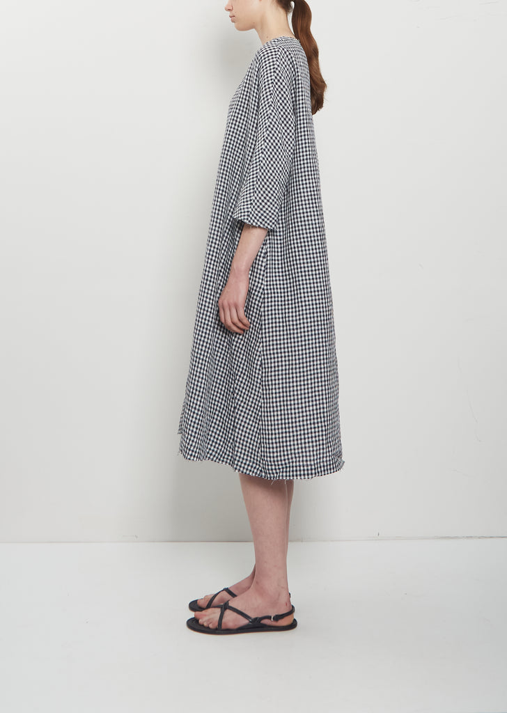 Crinkled Linen 3/4 Sleeve Tunic Dress — Vichy Check