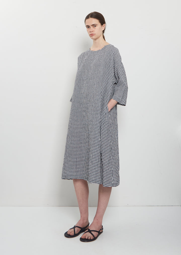 Crinkled Linen 3/4 Sleeve Tunic Dress — Vichy Check