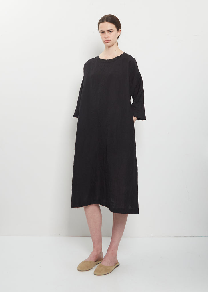 Crinkled Linen 3/4 Sleeve Tunic Dress — Black