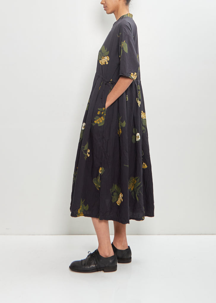 Cotton Summer Botanical Print Dress — Black