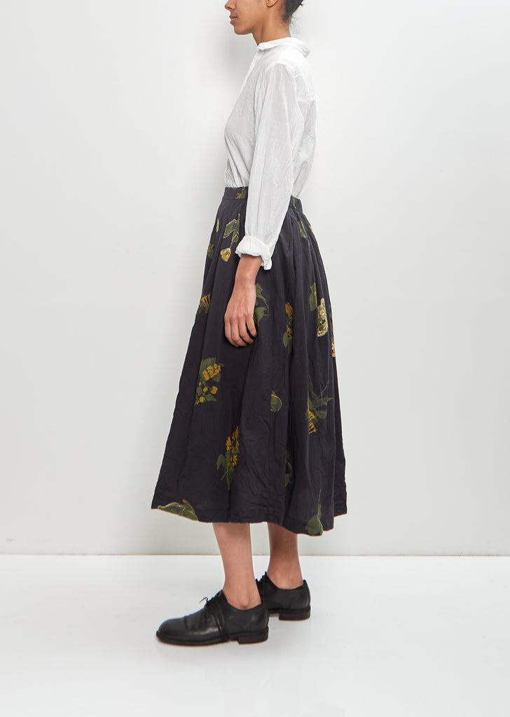 Cotton Summer Botanical Print Skirt — Black