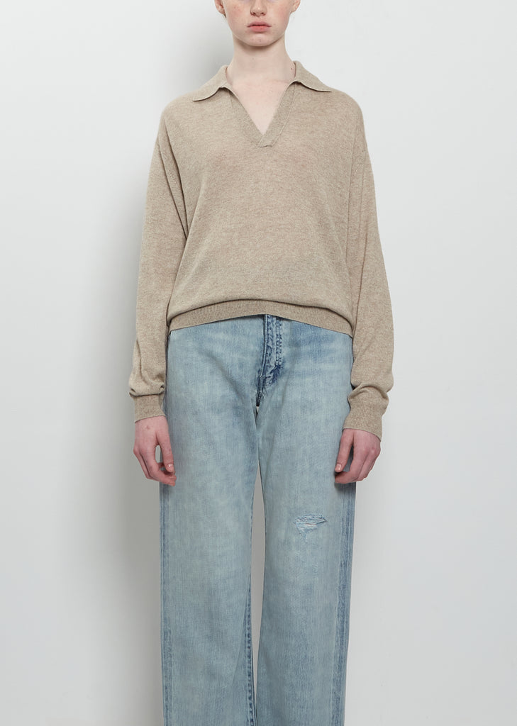 Cashmere Silk Knit Skipper Polo — Top Beige
