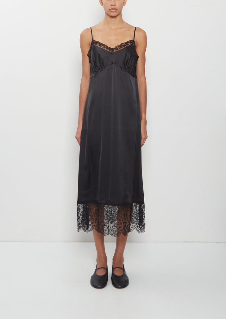 Lace Trim Satin Slip Dress — Black