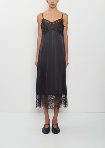 Lace Trim Satin Slip Dress — Black