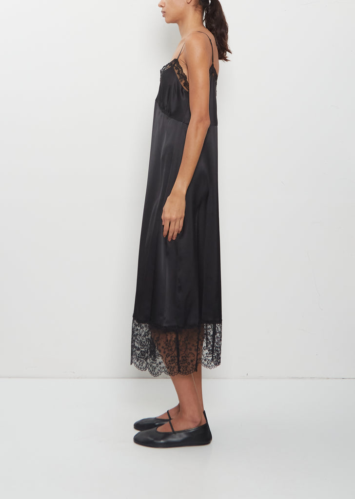 Lace Trim Satin Slip Dress — Black
